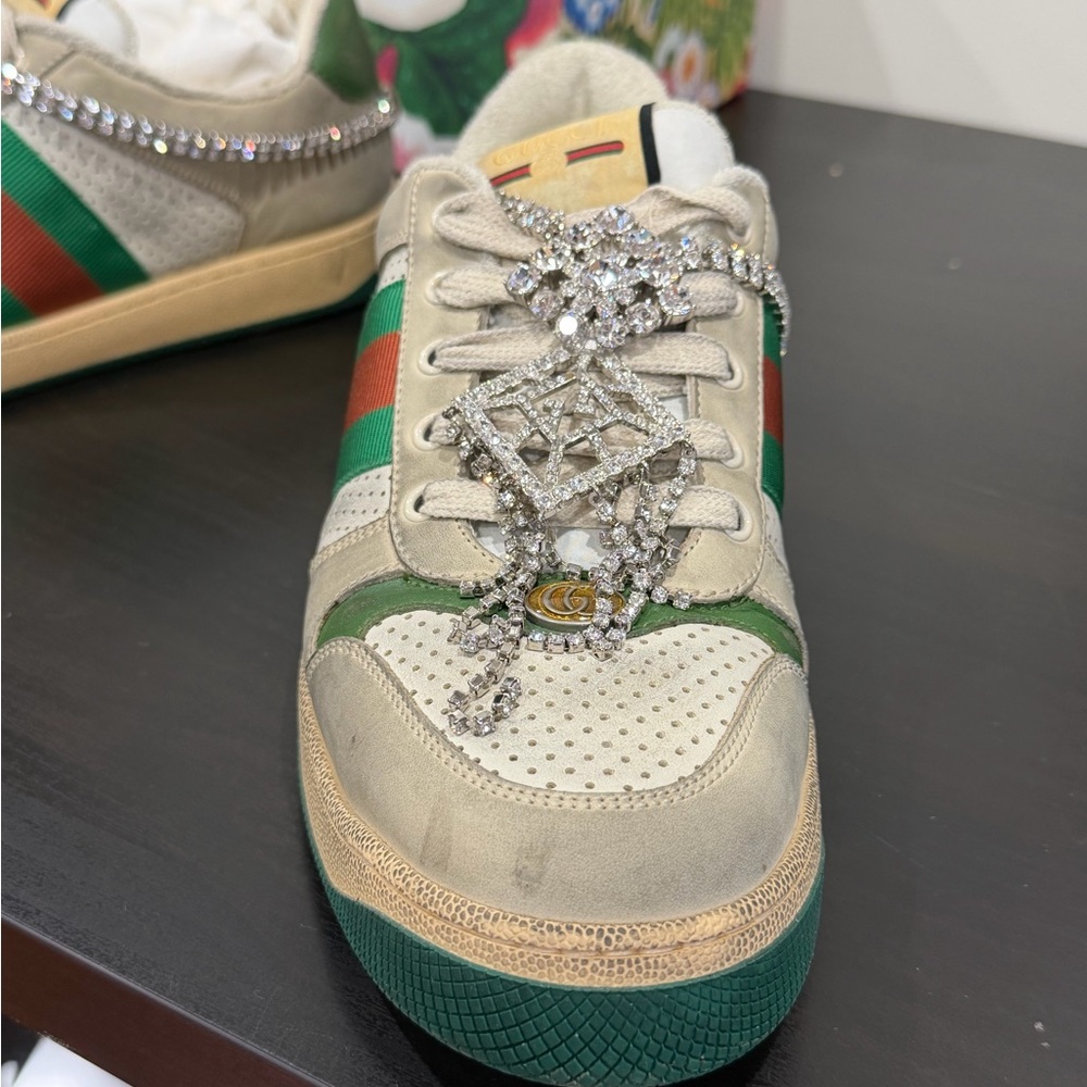 Gucci Cream/Green Sneakers w/ rhinestone chain/off-white collection- authentic - Picture 3 of 10